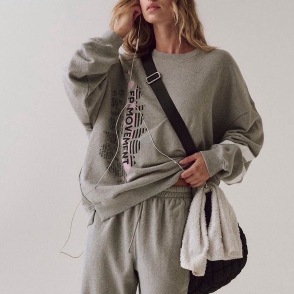 FP Movement Free People Gray Graphic Varsity Stripe Sweatshirt Small - Picture 3 of 11